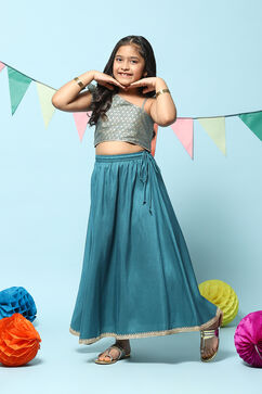 Teal Art Silk Straight Lehenga Set image number 3