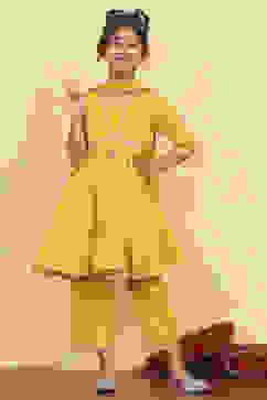 Yellow Cotton Solid Tiered Suit Set image number 0