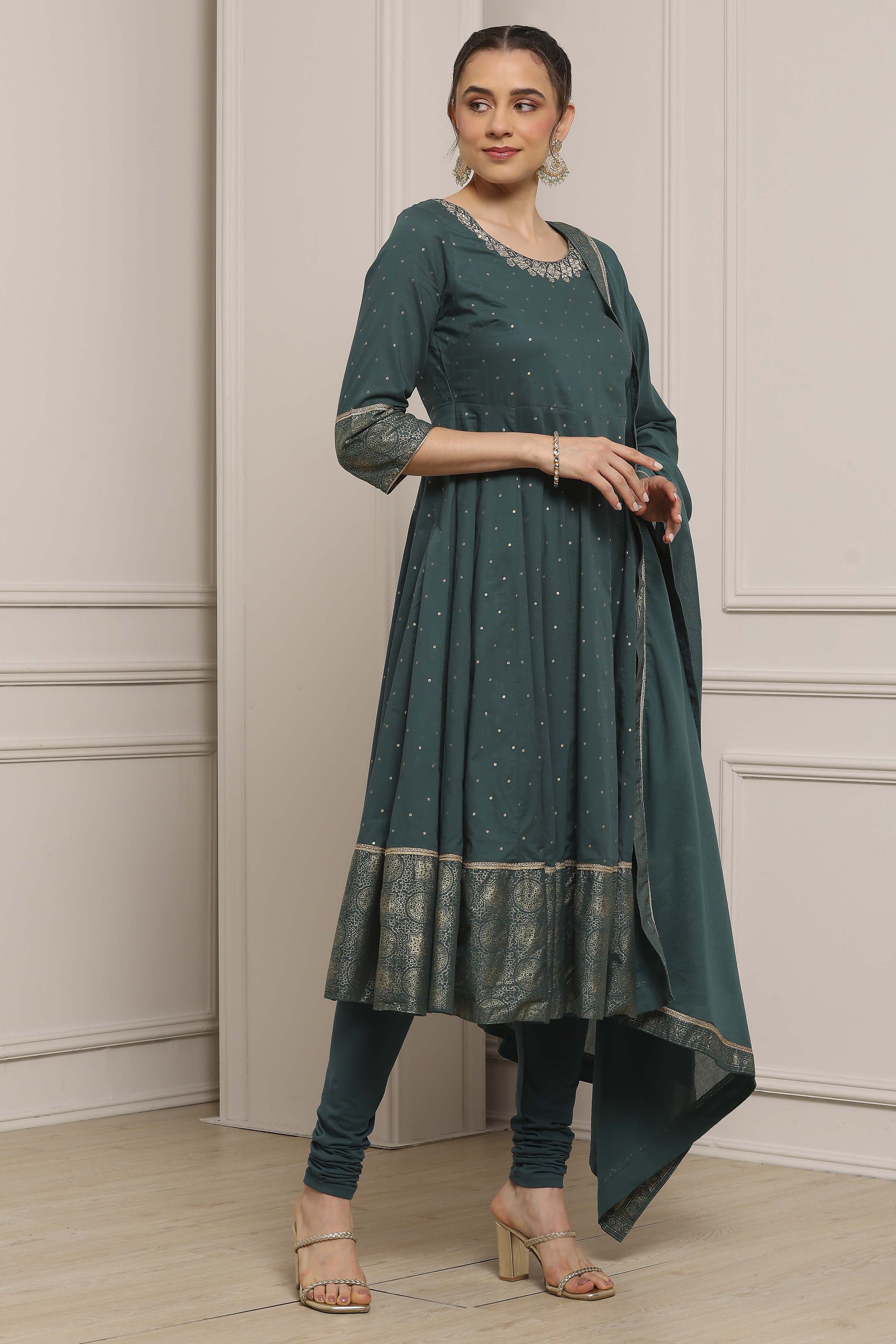 Teal Cotton Printed Anarkali Suit Set image number 5