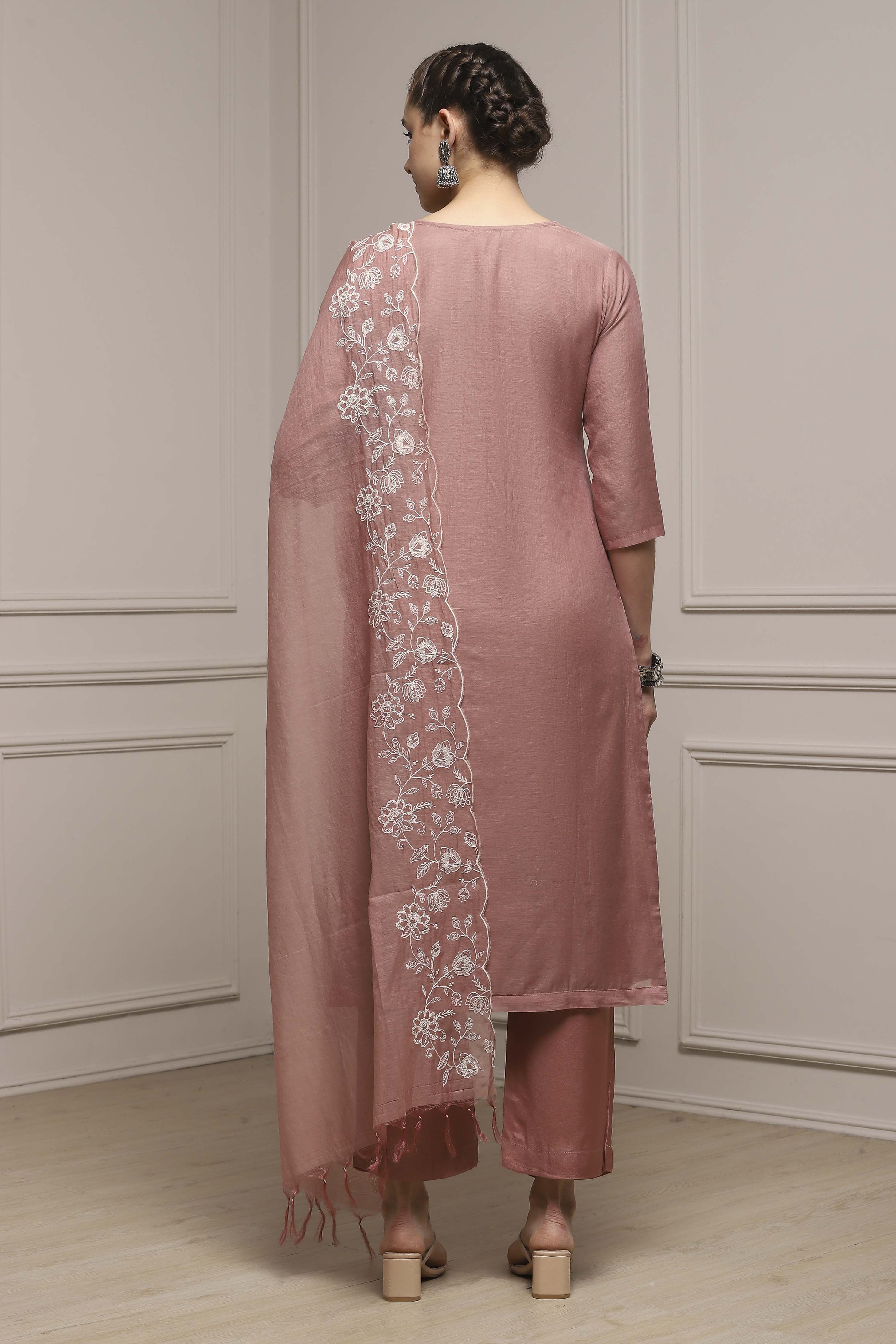 Beige Mul Chanderi Blend Hand Embroidered Unstitched Suit Set image number 5
