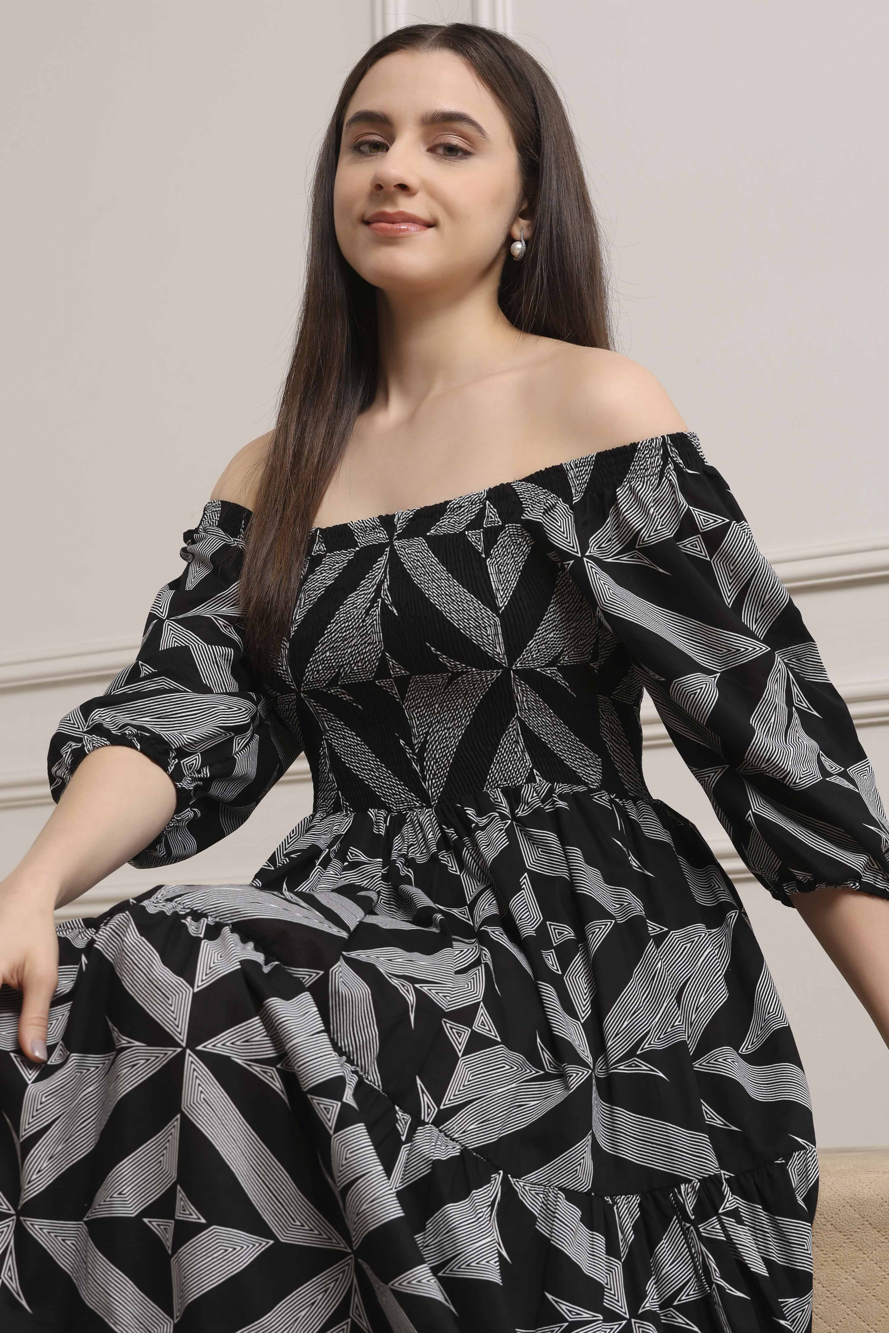 Black Cotton Printed Tiered Dress image number 0