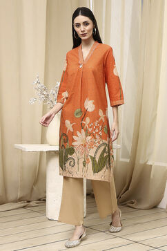 Orange Cotton Blend Straight Kurta image number 3