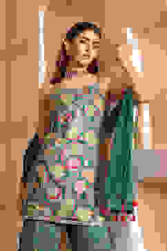 Green Viscose Chinon Printed Straight Suit Set image number 3