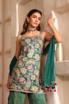 Green Viscose Chinon Printed Straight Suit Set image number 3