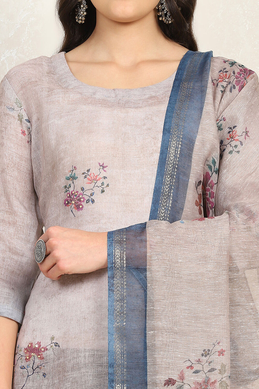 Rust Linen Printed Unstitched Suit Set image number 2