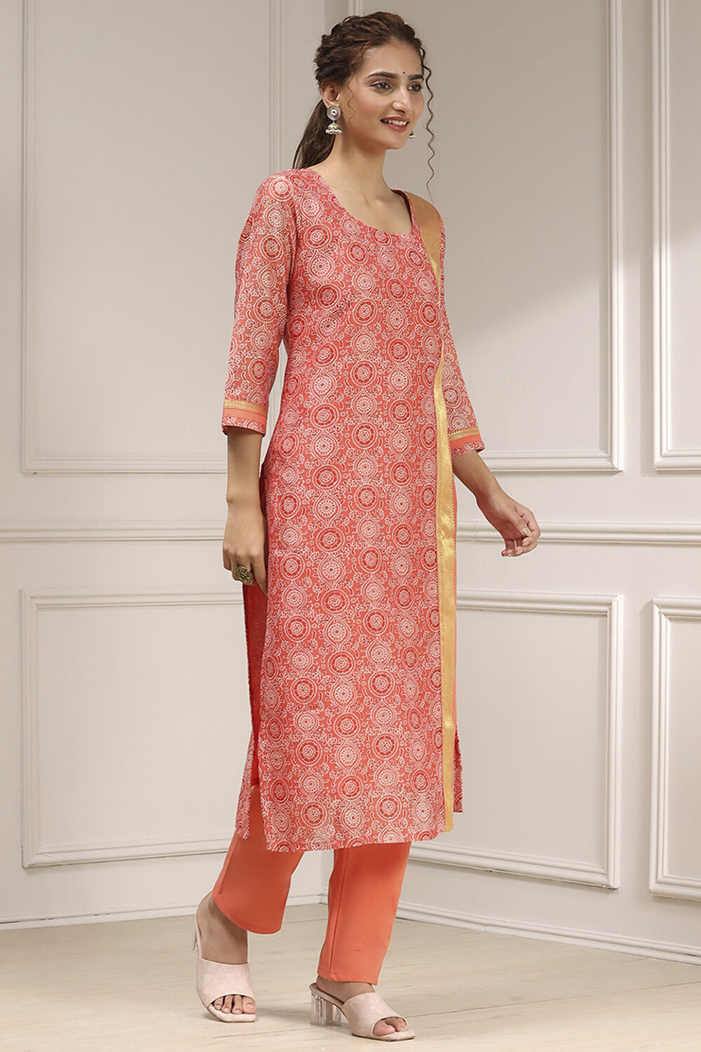 Orange Cotton Printed Embroidered Unstitched Suit Set image number 6