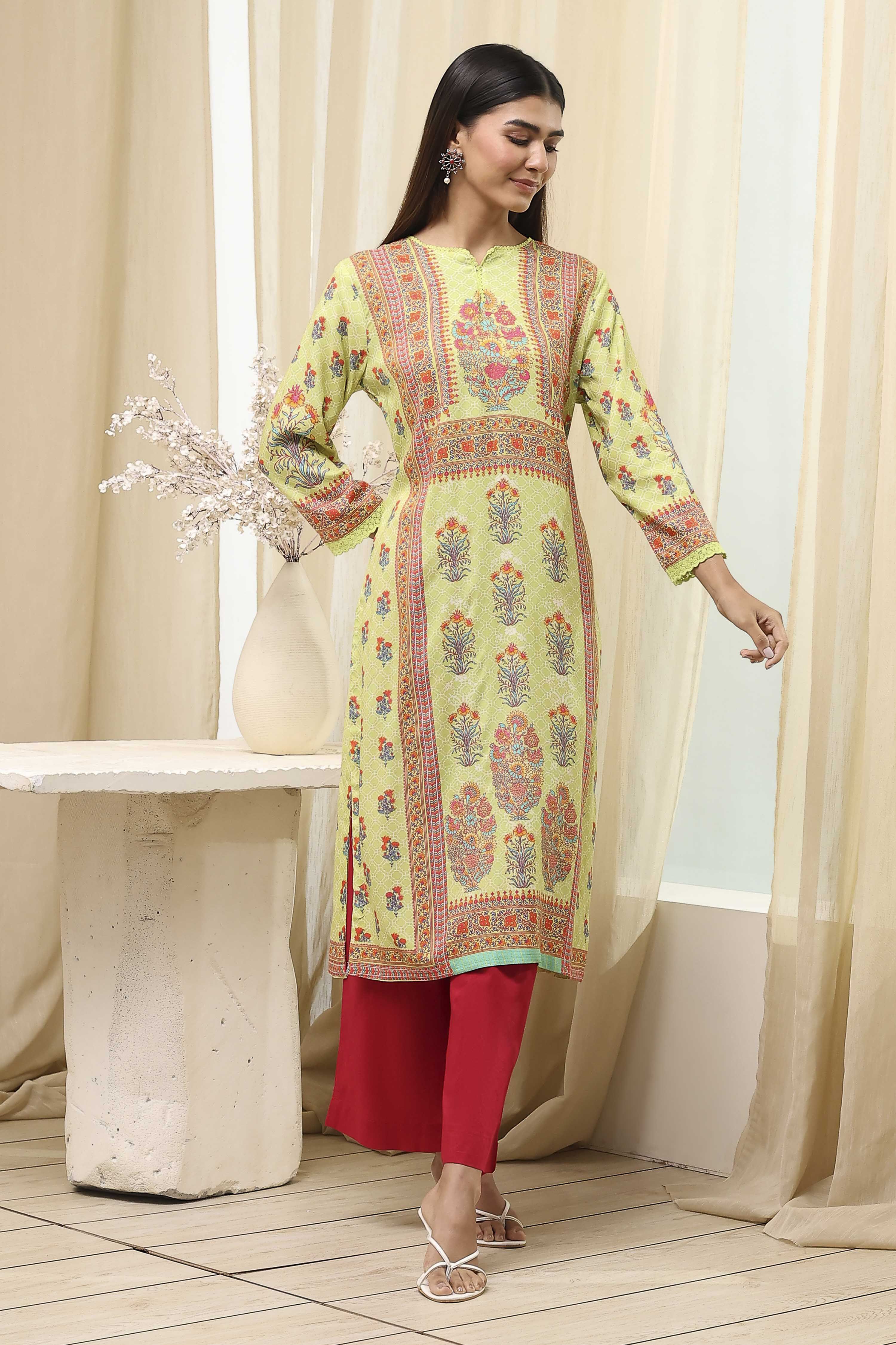 Green Printed Straight Kurta image number 0