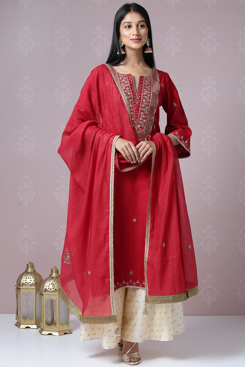 Cherry Red Cotton Silk Sharara Kurta Sharara Suit Set image number 0