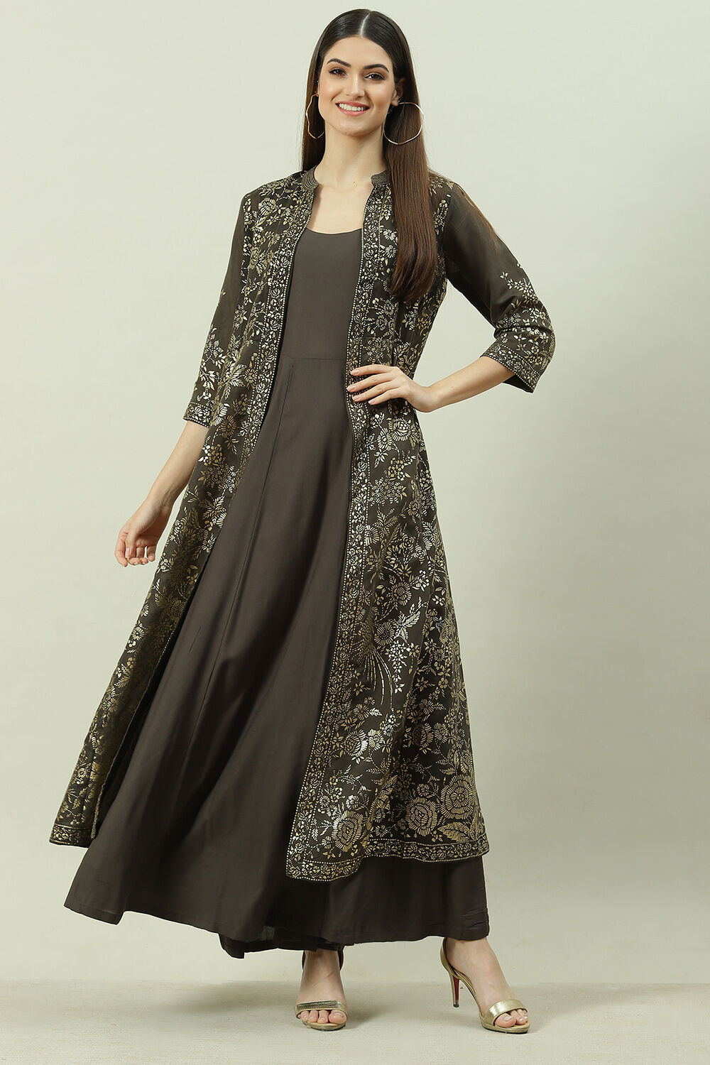 Buy Charcoal Art Silk with Cape Printed Dress Dress Inner for