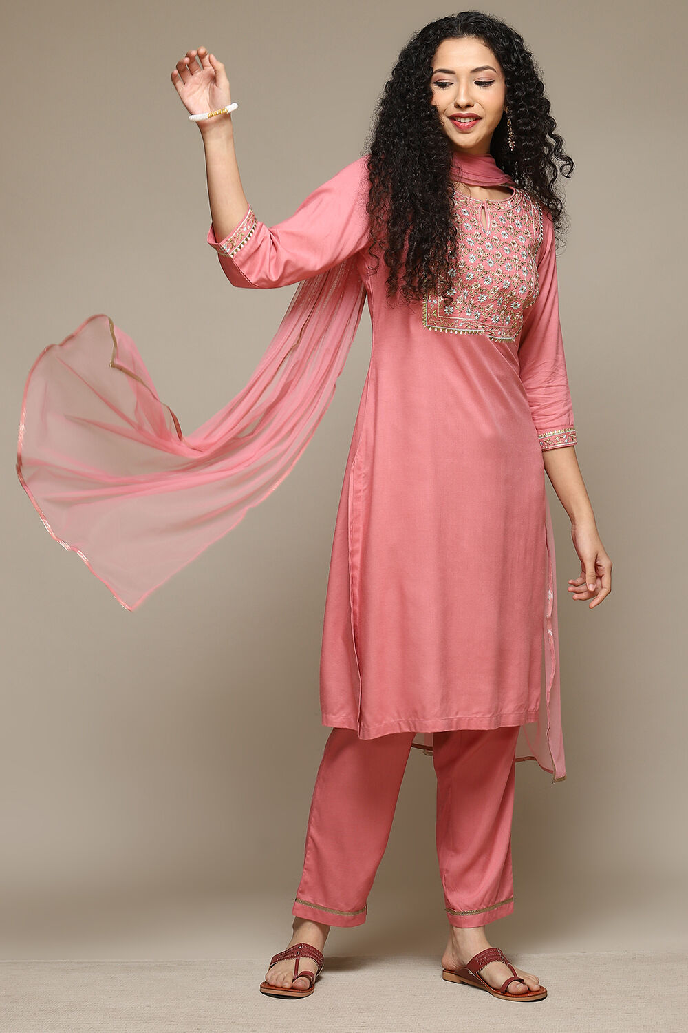 Light Pink Rayon Straight Kurta Pants Suit Set image number 0