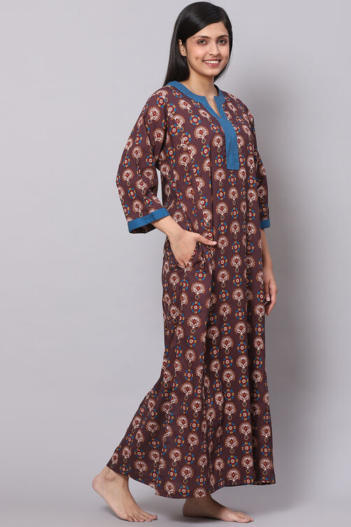 Dark Brown Straight Cotton Printed Sleepwear image number 3