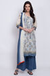 Cream And Indigo Art Silk Straight Kurta Flared Palazzo Suit Set image number 0