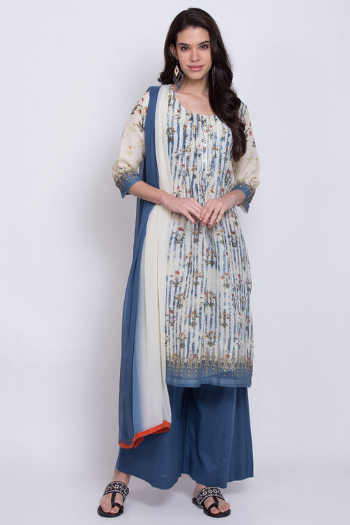 Cream And Indigo Art Silk Straight Kurta Flared Palazzo Suit Set image number 0