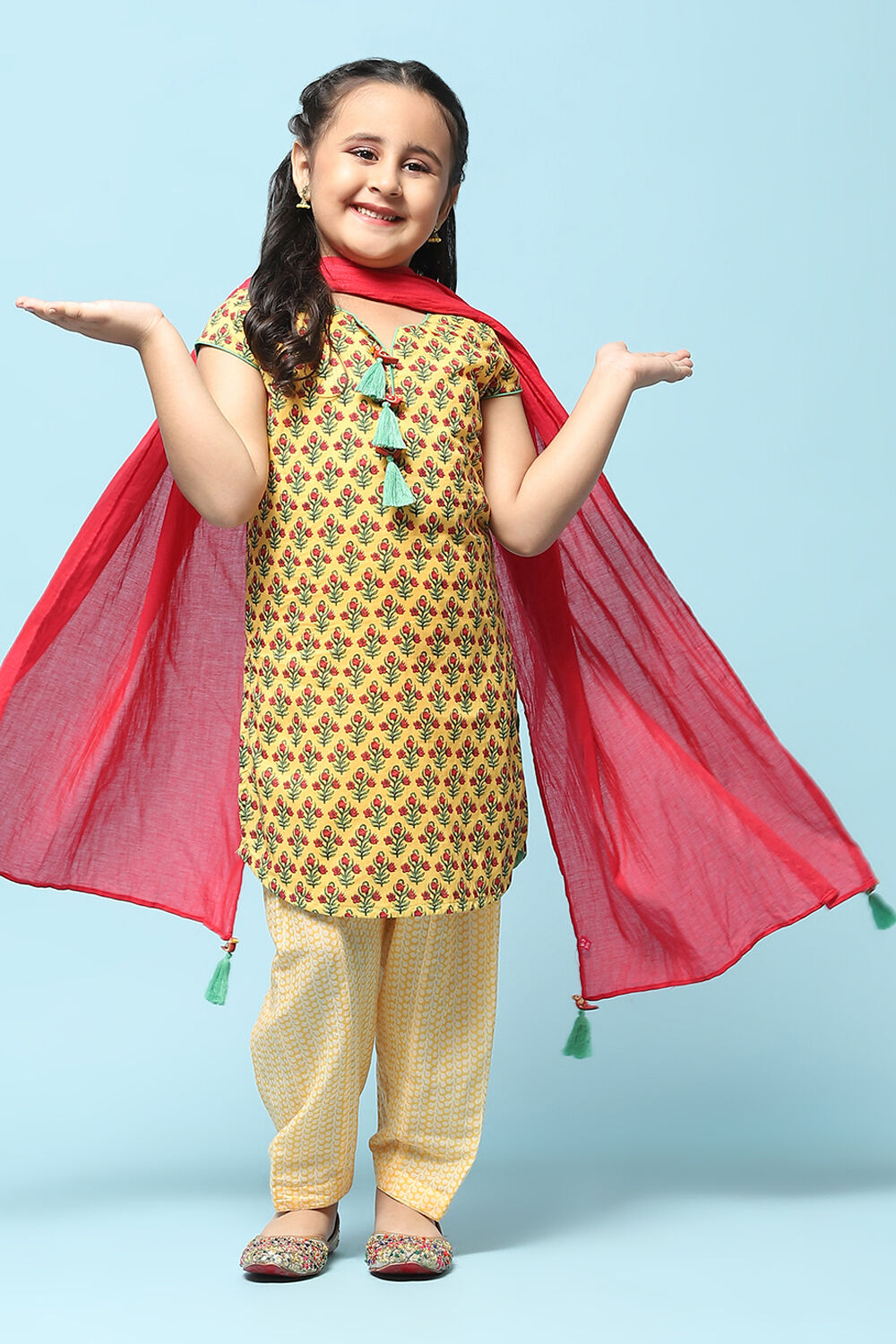 Mustard Cotton Straight Printed Kurta Salwar Suit Set image number 0