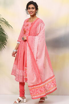 White & Pink Cotton Anarkali Kurta Churidar Suit Set image number 5