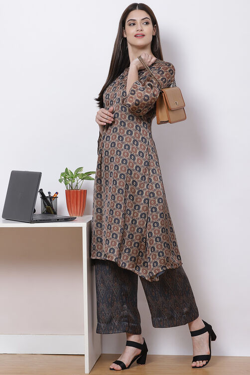 Khaki Poly Cotton A-Line Kurta Palazzo Suit Set image number 4