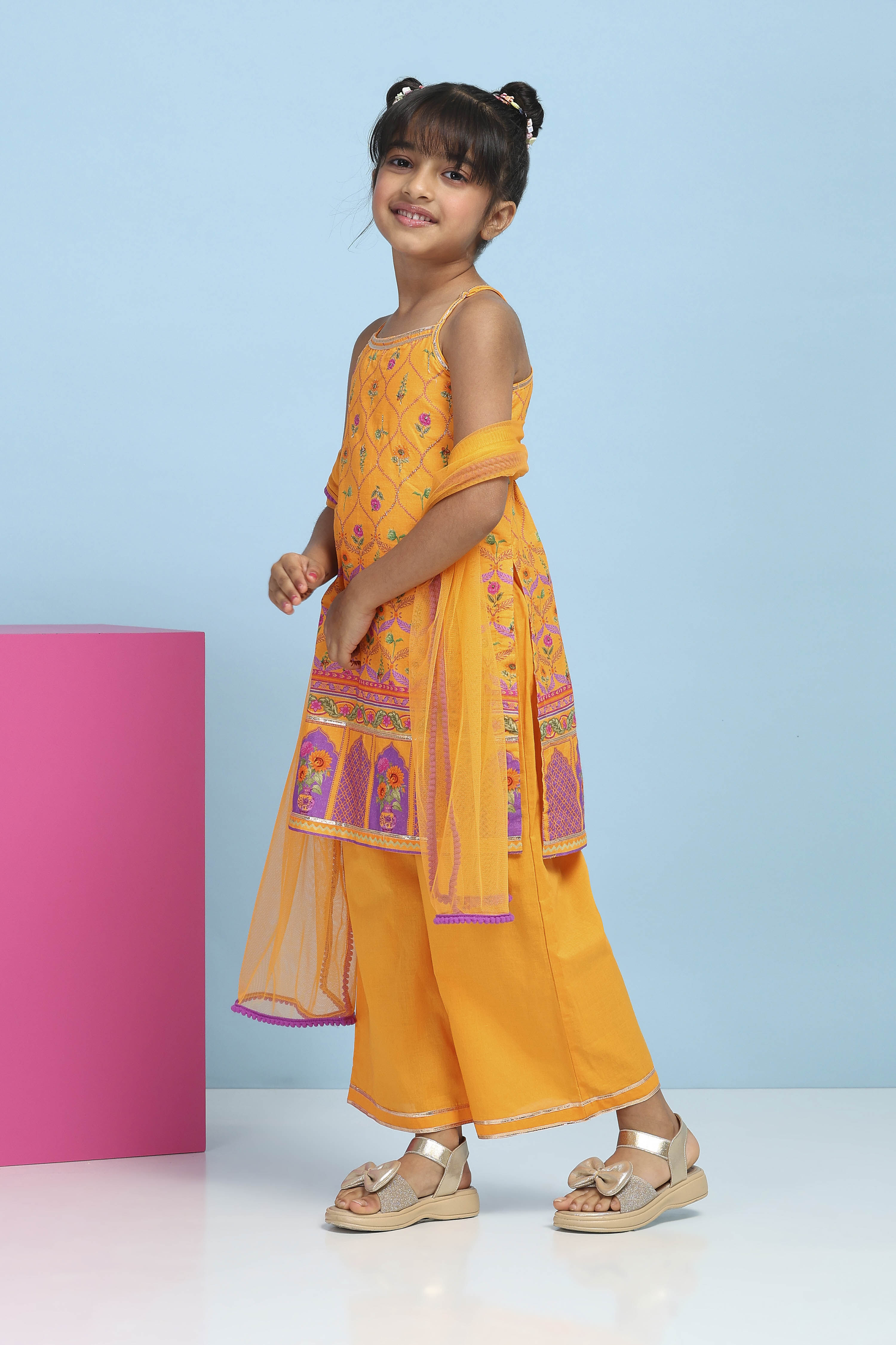 Orange Cotton Printed Straight Suit Set image number 3