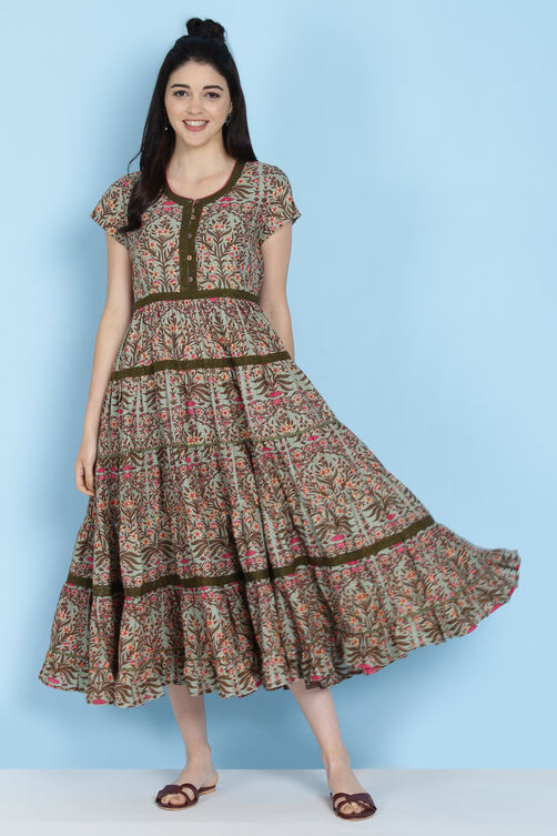 Sage Green Cotton Fusion Wear Dress image number 2