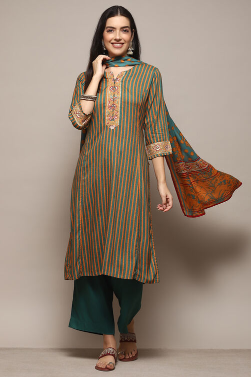 Green LIVA Straight Kurta Palazzo Suit Set image number 0