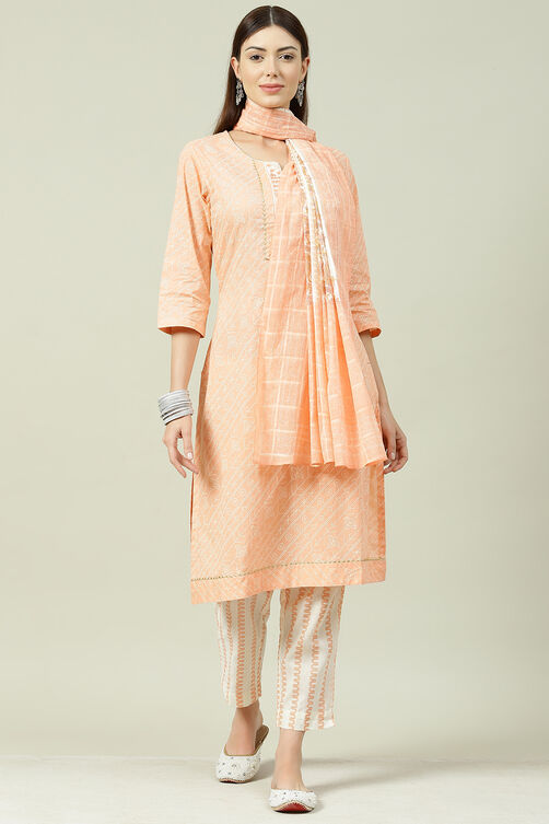 Orange Cotton Screen Print Unstitched Suit Set image number 0