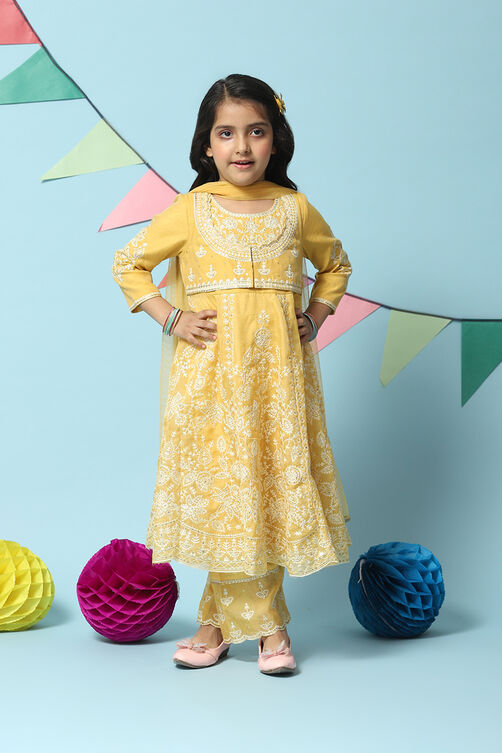 Yellow Cotton Blend Kalidar Kurta Straight Palazzo Suit Set image number 0