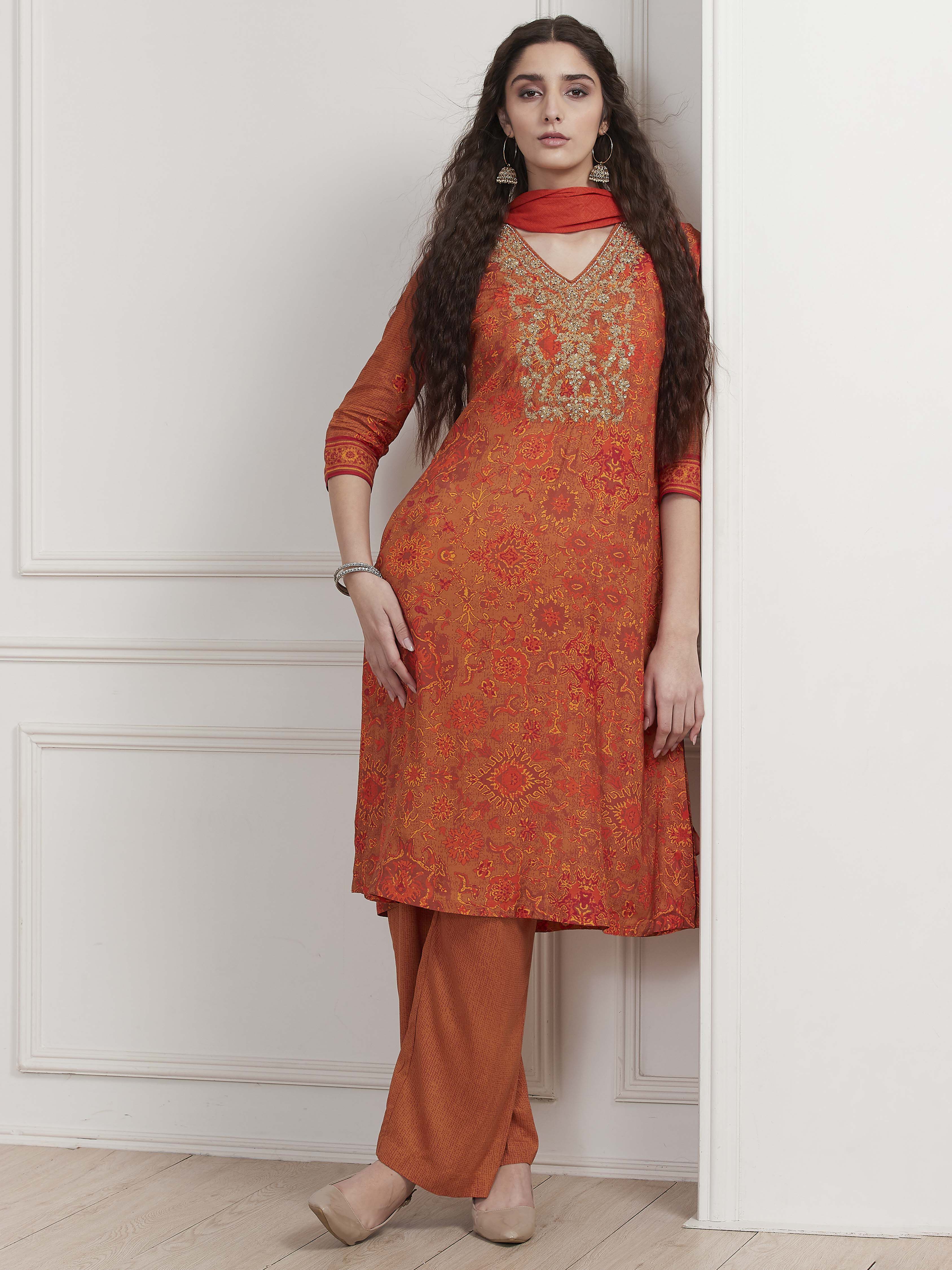 Orange Modal Printed Straight Suit Set image number 0