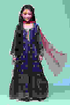 Navy Blue Viscose Tiered Kurta Printed Suit Set image number 7