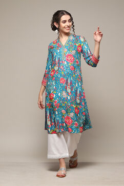 Teal Viscose Straight Printed Kurta image number 1