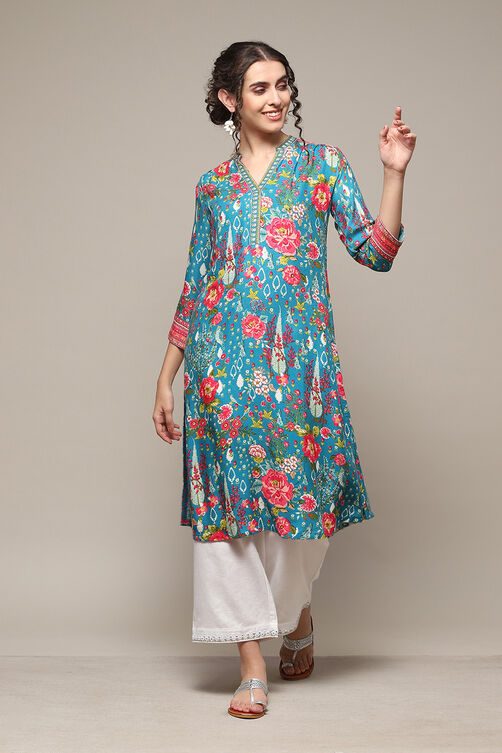 Yellow LIVA Straight Printed Kurta image number 1