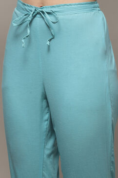 Turquoise Cotton Blend Straight Kurta Pants Suit Set image number 6