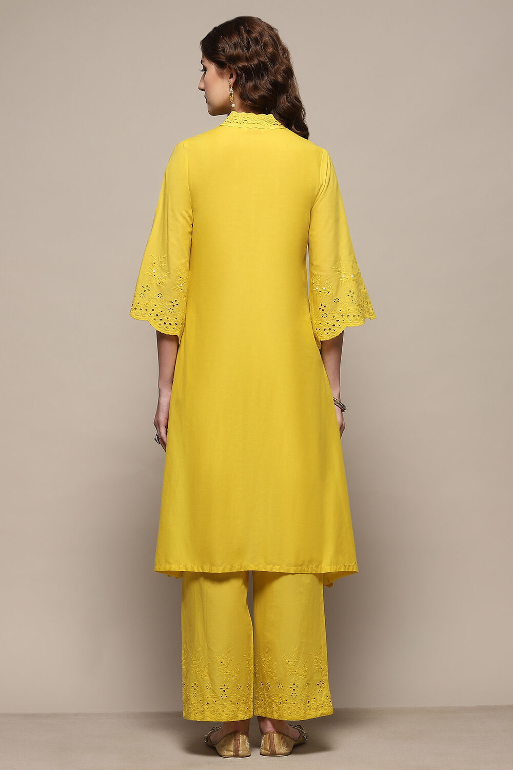 Lime Yellow Cotton Schiffli Straight Suit Set image number 5