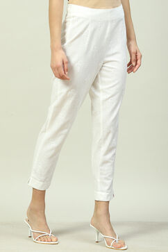 Off White Cotton Embroidered Pants image number 3