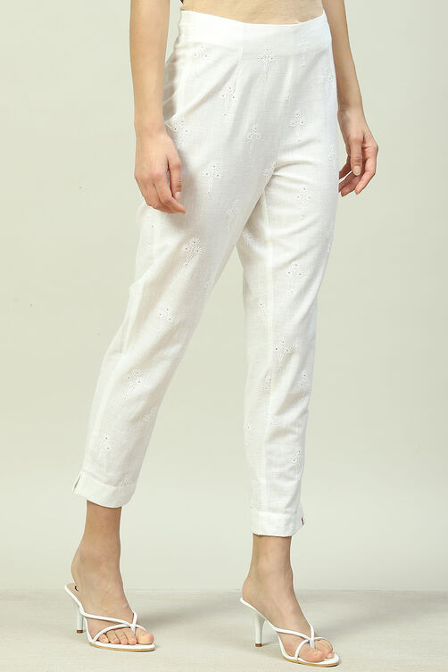 Off White Cotton Embroidered Pants image number 3