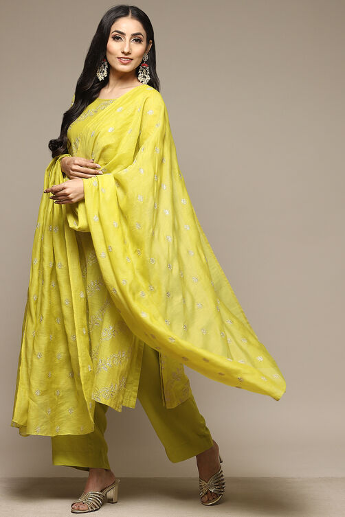 Florescent Green Cotton Blend Layered Kurta Palazzo Suit Set image number 2