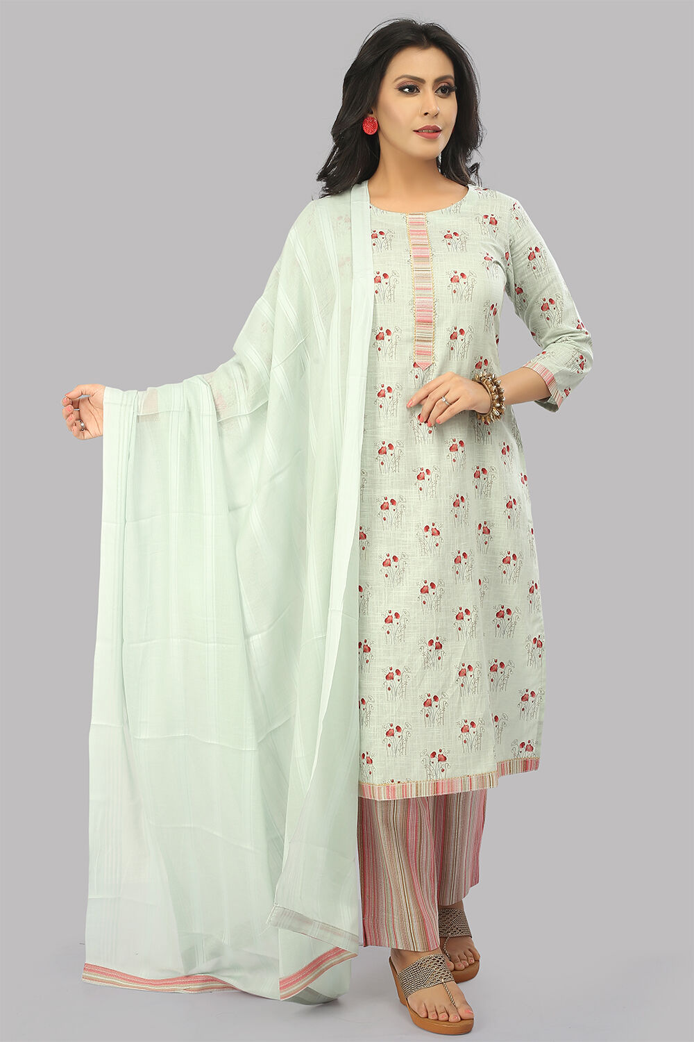 Blue Cotton Screen Print Unstitched Suit Set