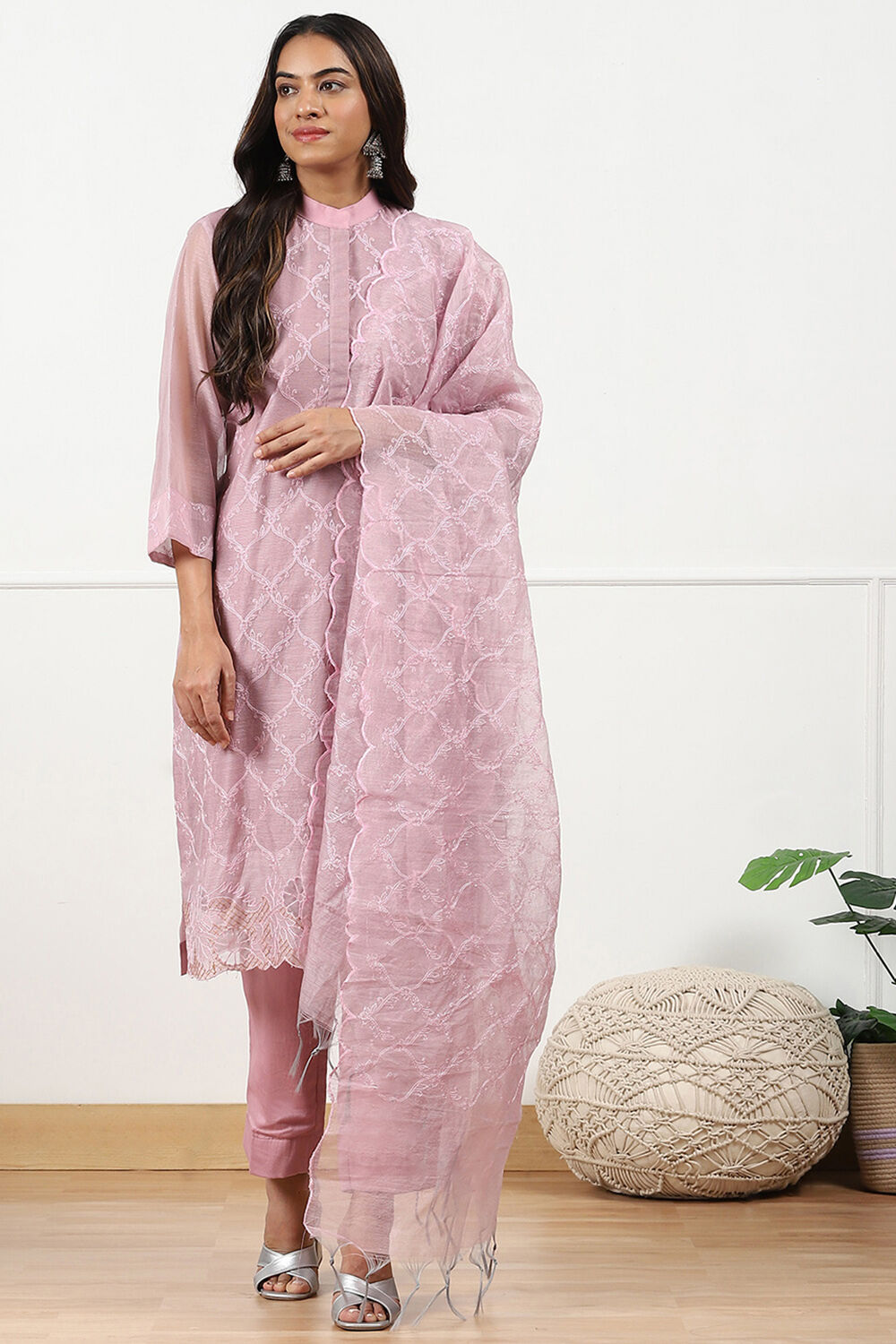 Grey Floral Thread Work Unstitched Suit Set image number 1