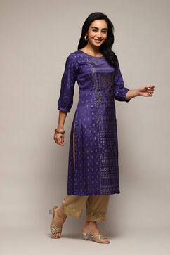 Purple Viscose Straight Printed Kurta image number 3