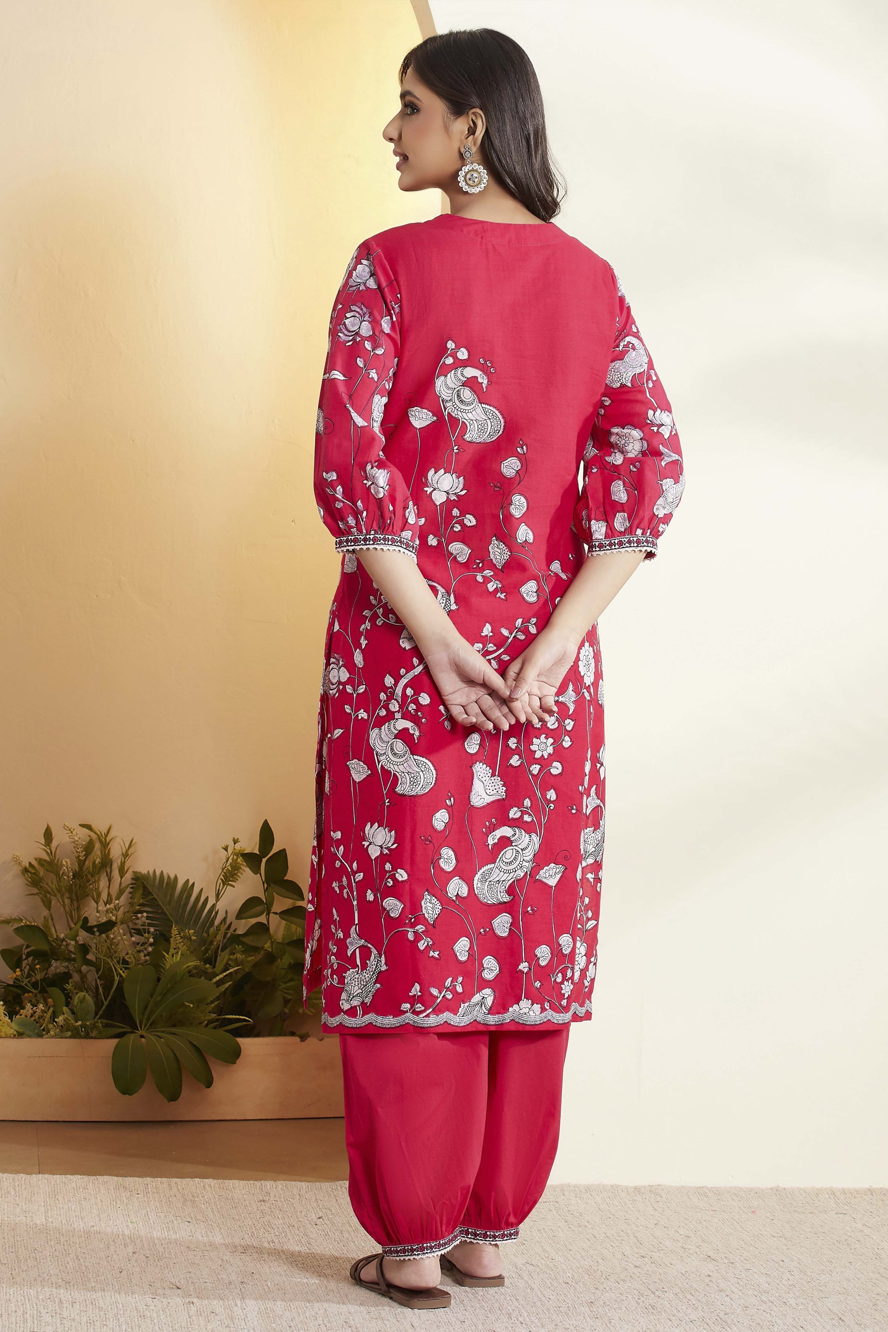 Fuchsia Cotton Floral Printed Straight Kurta Set image number 6