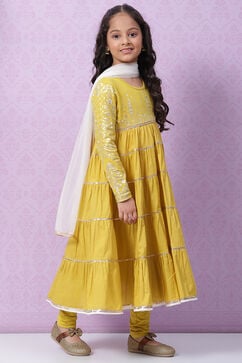 Lime Yellow Cotton Anarkali Kurta Churidar Suit Set image number 2