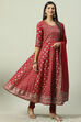 Cherry Red Cotton Anarkali Kurta Churidar Suit Set