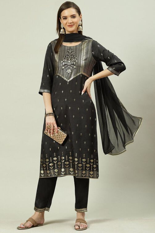 Olive Printed Viscose Straight Kurta Regular Pants Suit Set image number 7