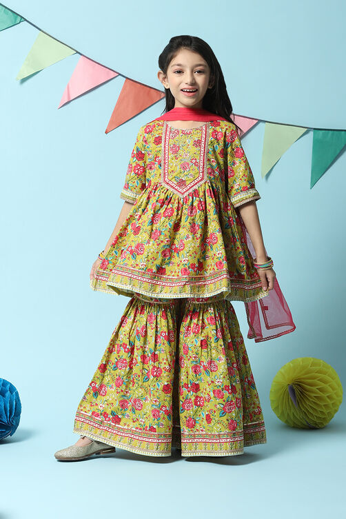 Lime Green Cotton Gathered Printed Kurta Sharara Suit Set image number 0