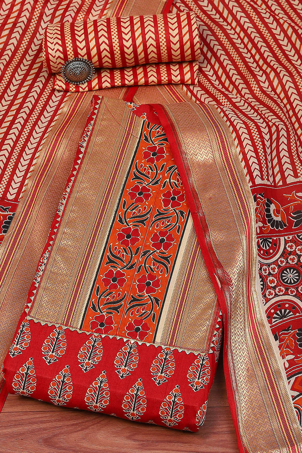 Red Cotton Unstitched Suit Set image number 0