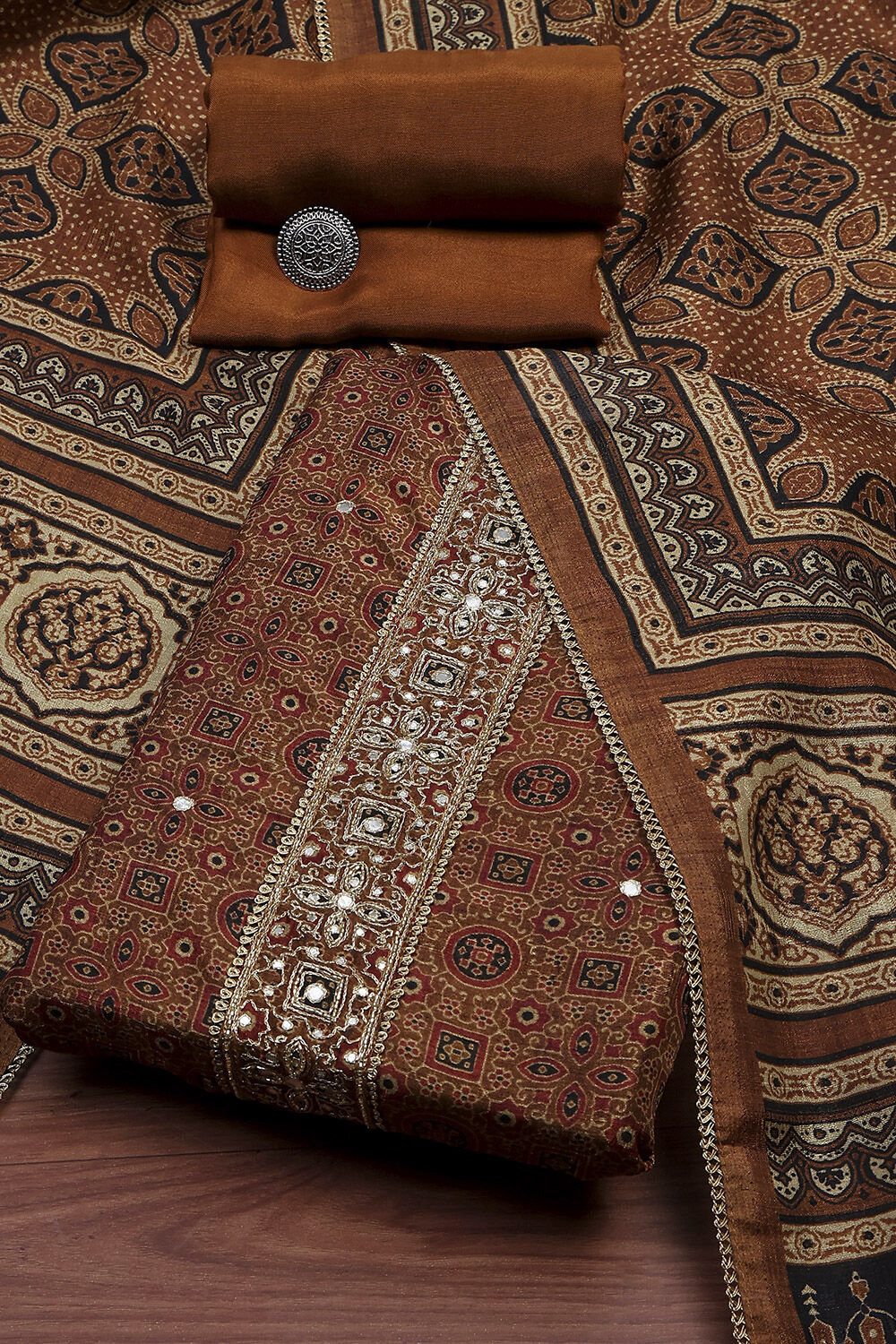 Mustard Brown Silk Blend Unstitched Suit Set image number 0