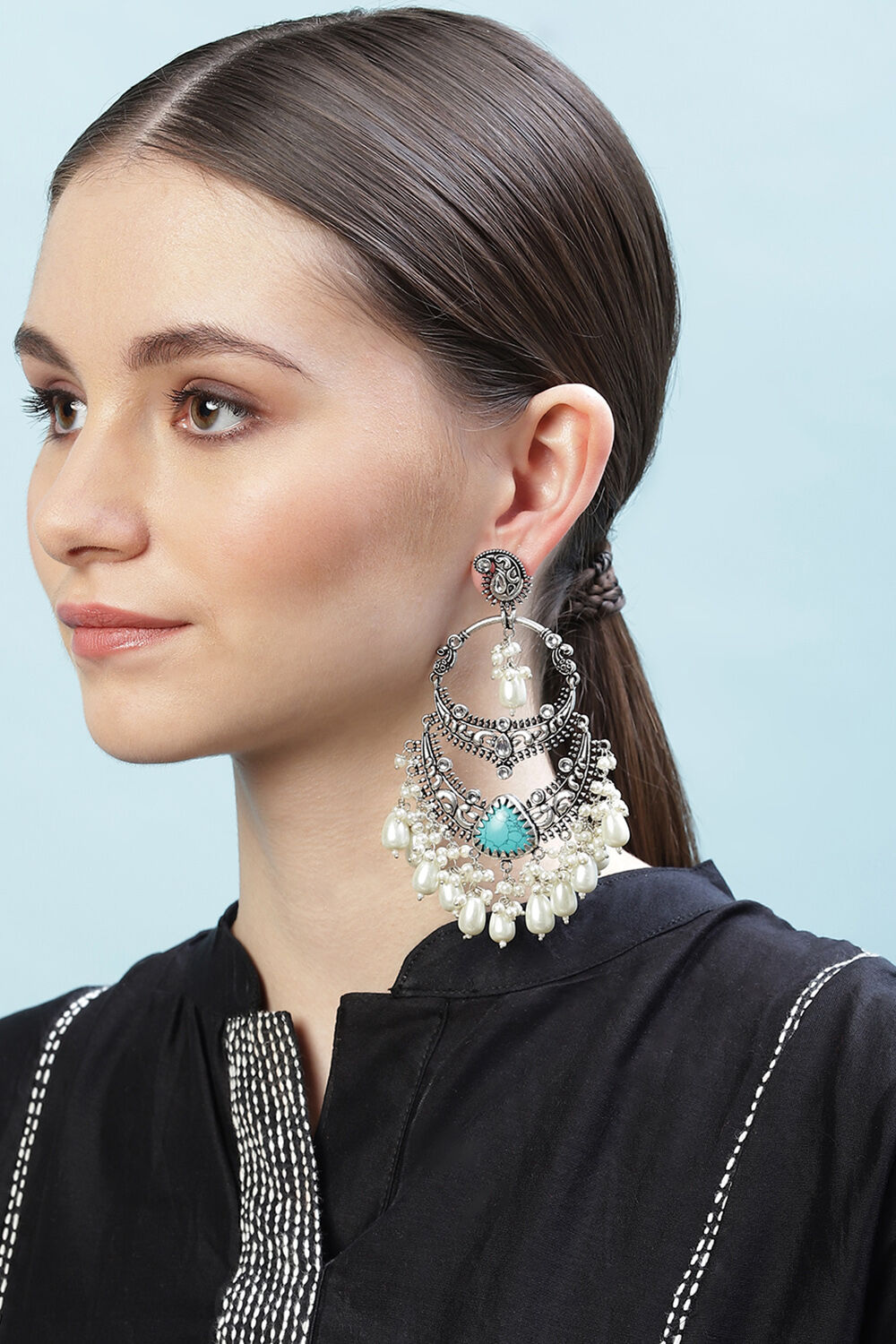 Oxidised & Turquoise Brass Earrings image number 3