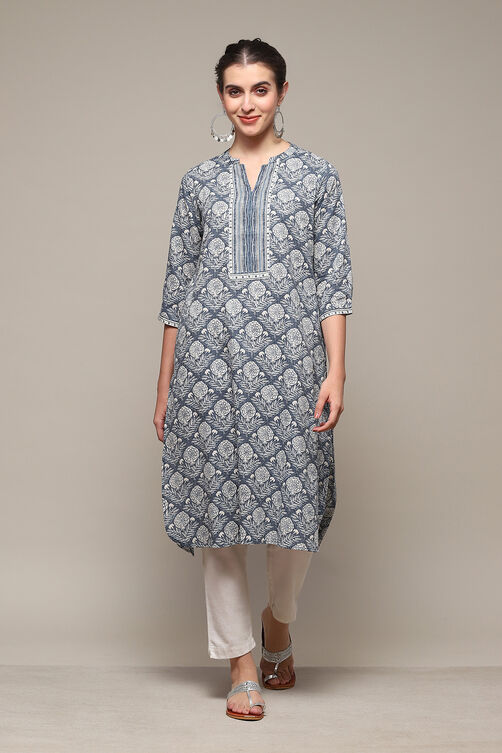 Blue Cotton Straight Printed Kurta image number 5