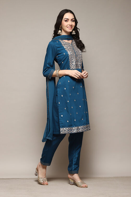 Teal Straight Kurta Pant Suit Set image number 6