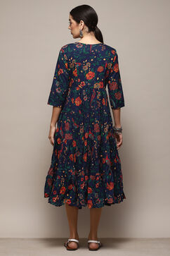 Teal Cotton Flared Printed Dress image number 3