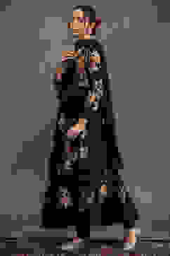 Rohit Bal Black Silk Chanderi Floral Printed Anarkali Suit Set image number 3