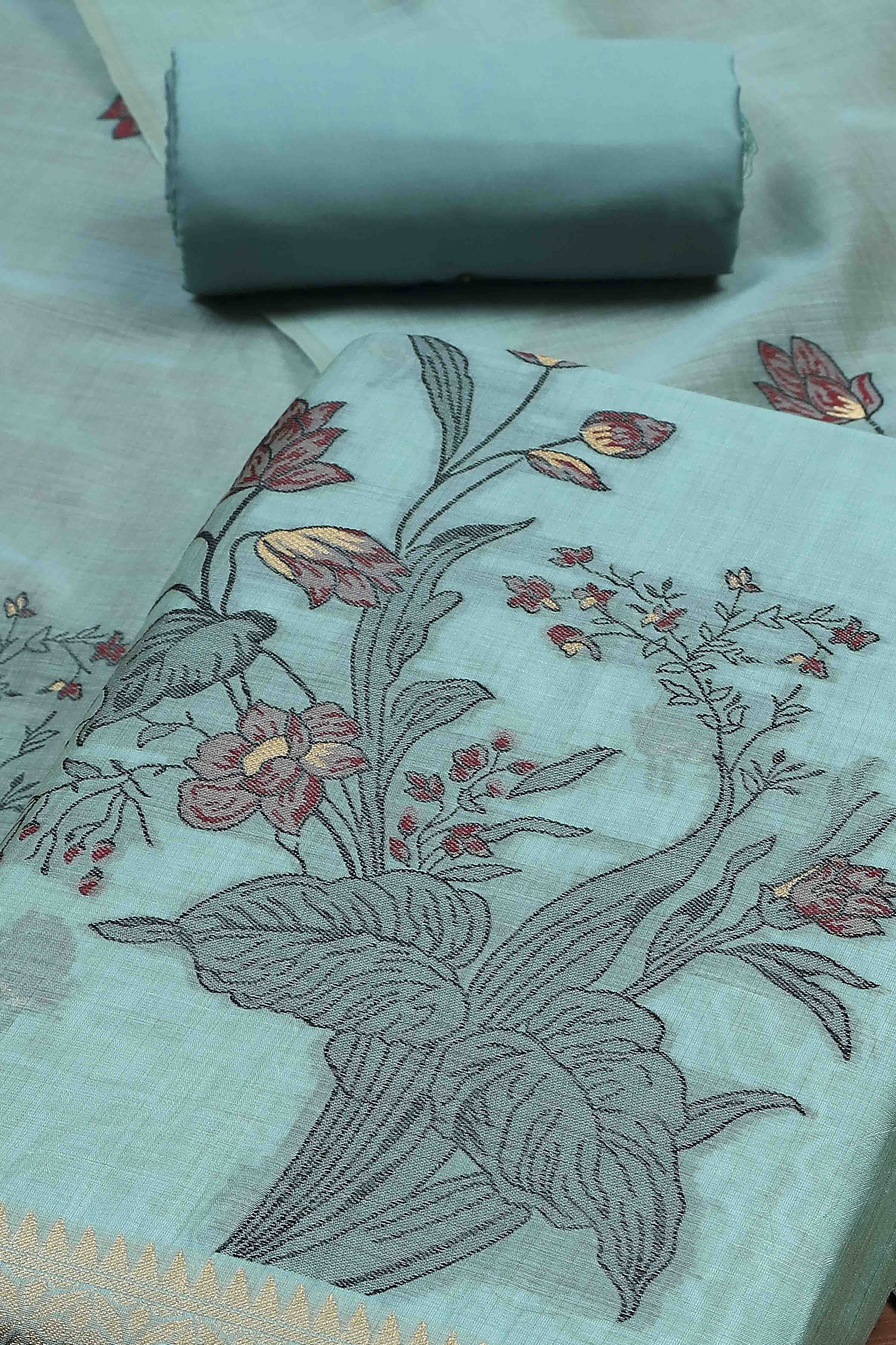 Peach Cotton Jamdani Unstitched Suit Set image number 1